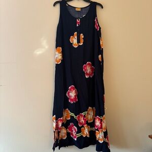 Floral Sleeveless Maxi Dress - Navy with Orange and Pink Accents